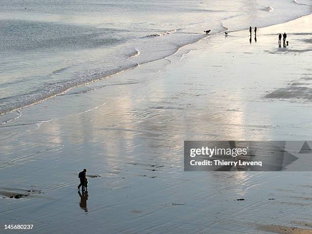 walkers on english beach with cloud reflections - folkestone stock pictures, royalty-free photos & images