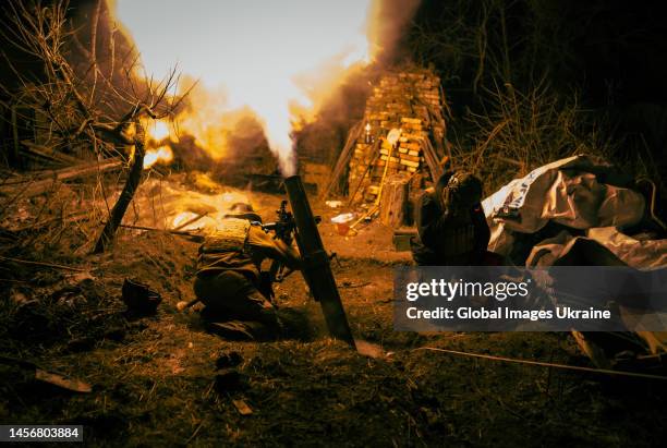Mortar crew fights on the outskirts of the city on January 13, 2023 in Bakhmut, Ukraine. Russian forces, continuing to focus their efforts on...