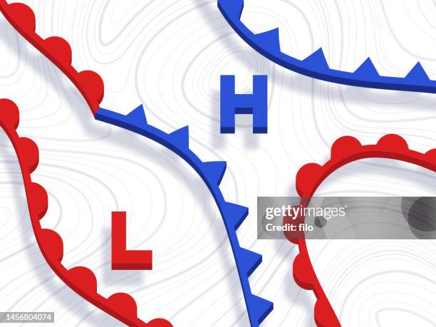 ilustraciones, imágenes clip art, dibujos animados e iconos de stock de patrones climáticos mapa de alta baja presión - carta metereológica