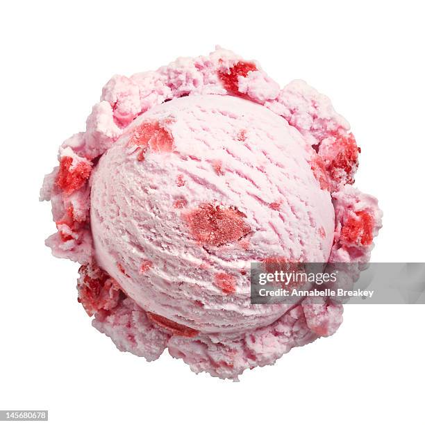 scoop of strawberry ice cream on white background - ice cream scoop stock-fotos und bilder