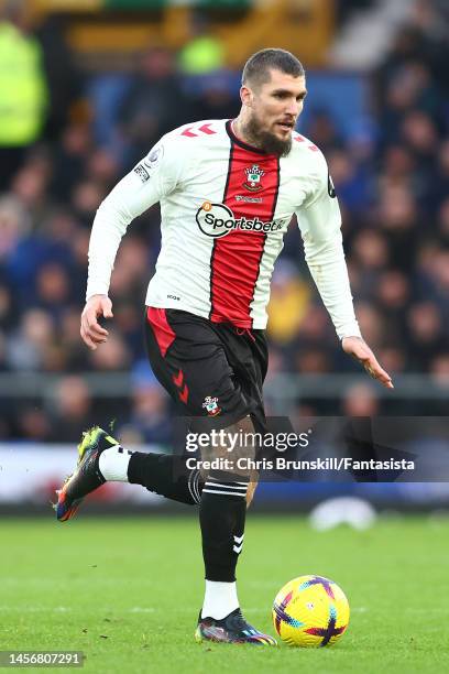 Lyanco of Southampton in action during the Premier League match between Everton FC and Southampton FC at Goodison Park on January 14, 2023 in...