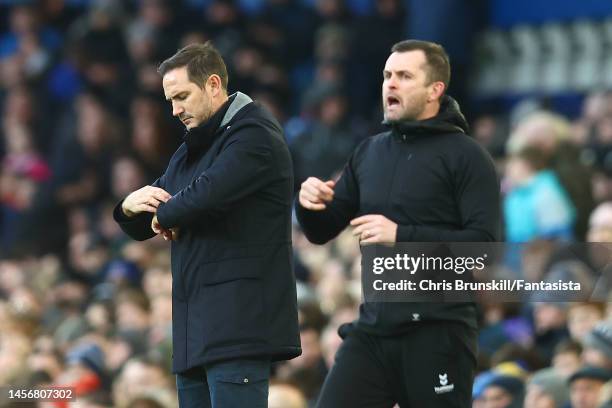 Everton manager Frank Lampard reacts on the touchline during the Premier League match between Everton FC and Southampton FC at Goodison Park on...