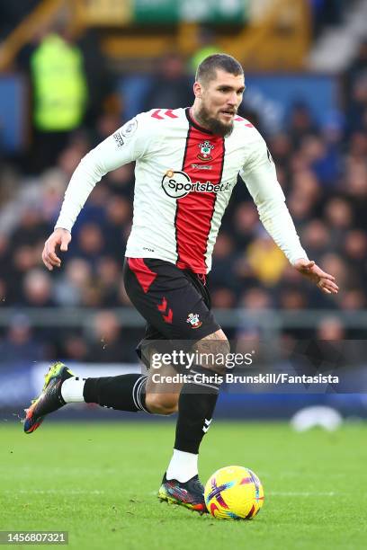 Lyanco of Southampton in action during the Premier League match between Everton FC and Southampton FC at Goodison Park on January 14, 2023 in...