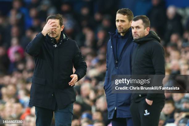 Everton manager Frank Lampard reacts on the touchline during the Premier League match between Everton FC and Southampton FC at Goodison Park on...