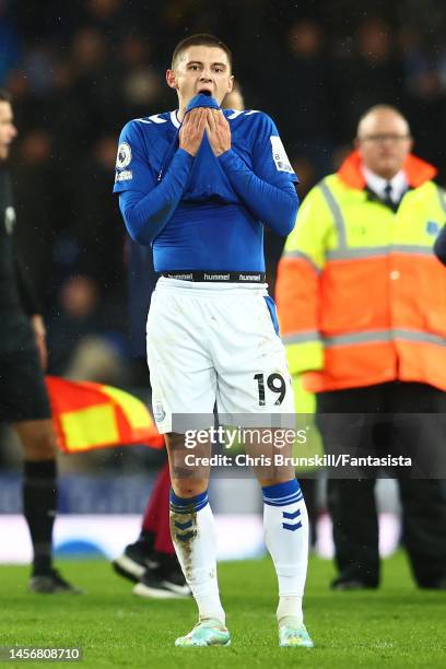 Vitaliy Mykolenko of Everton reacts at full-time following the Premier League match between Everton FC and Southampton FC at Goodison Park on January...