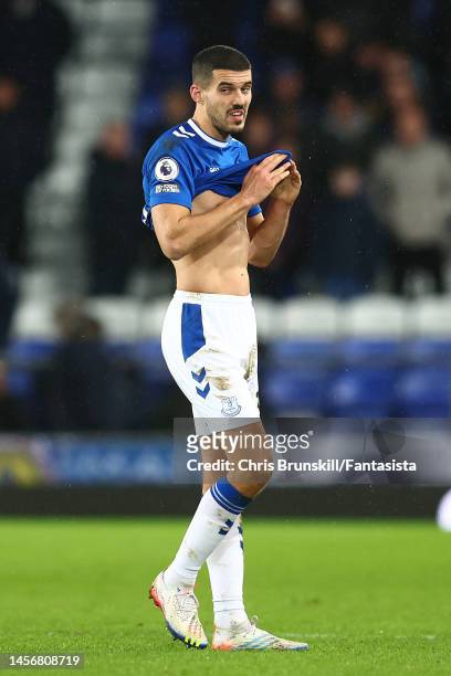 Conor Coady of Everton reacts at full-time following the Premier League match between Everton FC and Southampton FC at Goodison Park on January 14,...