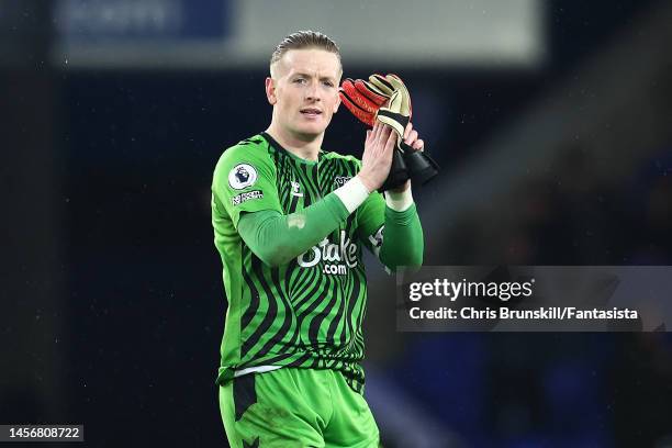 Jordan Pickford of Everton applauds the supporters at full-time following the Premier League match between Everton FC and Southampton FC at Goodison...