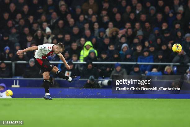 James Ward-Prowse of Southampton scores his side's second goal during the Premier League match between Everton FC and Southampton FC at Goodison Park...