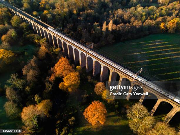 aerial view of a train passing over a viaduct - järnvägstransport transport bildbanksfoton och bilder