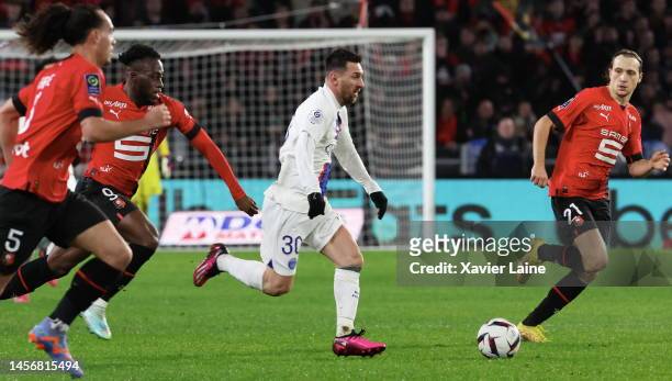 Lionel Messi of Paris Saint-Germain in action during the Ligue 1 match between Stade Rennes and Paris Saint-Germain at Roazhon Park on January 15,...