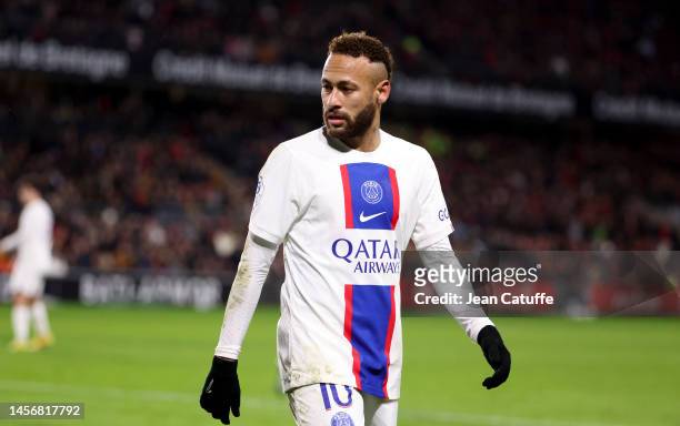 Neymar Jr of PSG during the Ligue 1 match between Stade Rennais and Paris Saint-Germain at Roazhon Park stadium on January 15, 2023 in Rennes, France.