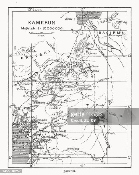 ilustraciones, imágenes clip art, dibujos animados e iconos de stock de mapa de camerún, colonización alemana, grabado en madera, publicado en 1899 - cameroon