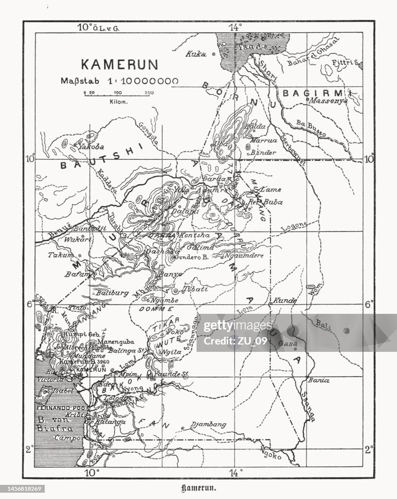 Cameroon map, German colonization, wood engraving, published in 1899
