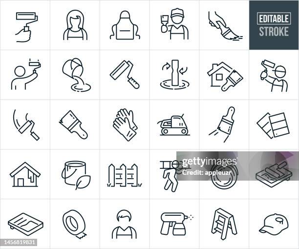 ilustrações de stock, clip art, desenhos animados e ícones de house painting thin line icons - editable stroke - icons include a painter painting, paint roller, paint brush, bucket of paint, painting supplies, paint pan, mixing paint - rolo para pintar paredes