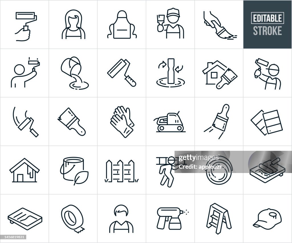 House Painting Thin Line Icons - Editable Stroke - Icons Include A Painter Painting, Paint Roller, Paint Brush, Bucket Of Paint, Painting Supplies, Paint Pan, Mixing Paint