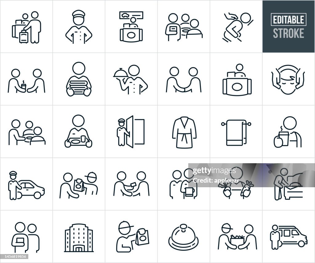 Hospitality Thin Line Icons - Editable Stroke - Icons Include Service Industry, Hotel Accommodations, Travel And Tourism, Tourist, Restaurant Staff, Waiter, Waitress, Reception, Receptionist, Greeting, Bellhop, Concierge, Door Attendant