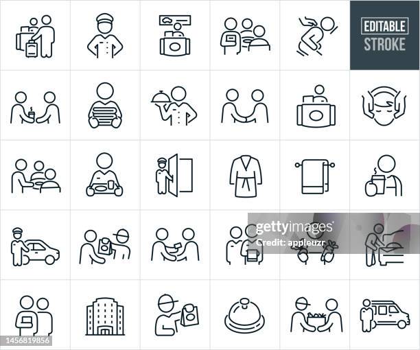 bildbanksillustrationer, clip art samt tecknat material och ikoner med hospitality thin line icons - editable stroke - icons include service industry, hotel accommodations, travel and tourism, tourist, restaurant staff, waiter, waitress, reception, receptionist, greeting, bellhop, concierge, door attendant - receptionsdisk