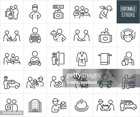 Hospitality Thin Line Icons - Editable Stroke - Icons Include Service Industry, Hotel Accommodations, Travel And Tourism, Tourist, Restaurant Staff, Waiter, Waitress, Reception, Receptionist, Greeting, Bellhop, Concierge, Door Attendant Hospitality Thin Line Icons - Editable Stroke - Icons Include Service Industry, Hotel Accommodations, Travel And Tourism, Tourist, Restaurant Staff, Waiter, Waitress, Reception, Receptionist, Greeting, Bellhop, Concierge, Door Attendant