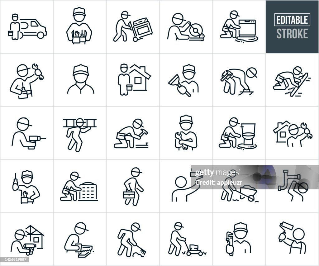 Handyman Thin Line Icons - Editable Stroke - Icons umfassen einen Reparateur, eine handliche Person, eine Handwerkerperson, einen Tischler, einen Klempner, einen Arbeiter, eine Reparatur, einen Landschaftsgärtner, einen Maler, Haushaltsgeräte