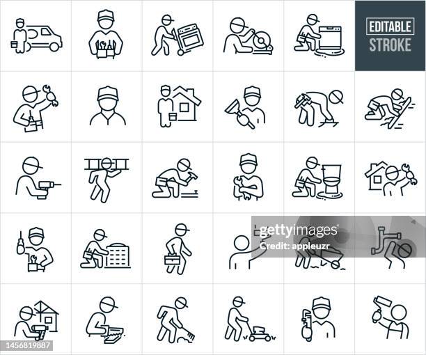 handyman thin line icons - editable stroke - icons umfassen einen reparateur, eine handliche person, eine handwerkerperson, einen tischler, einen klempner, einen arbeiter, eine reparatur, einen landschaftsgärtner, einen maler, haushaltsgeräte - baseballmütze stock-grafiken, -clipart, -cartoons und -symbole