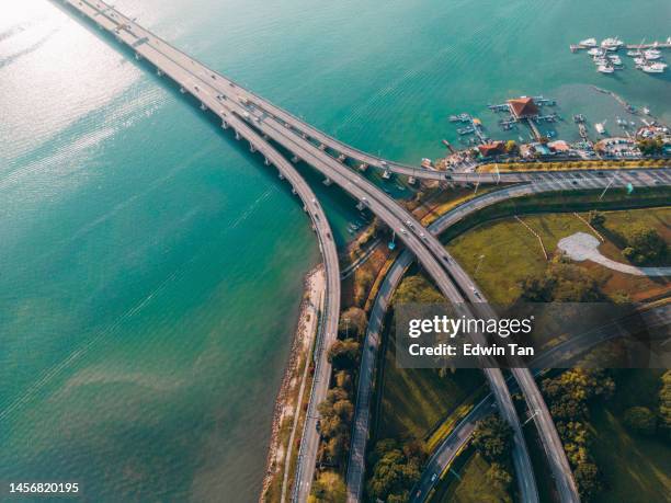 morning penang bridge aerial point of view - penang island stock pictures, royalty-free photos & images