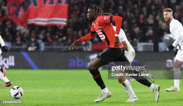 Lesley Ugochukwu of Rennes in action during the Ligue 1 match between Stade Rennes and Paris Saint-Germain at Roazhon Park on January 15, 2023 in...