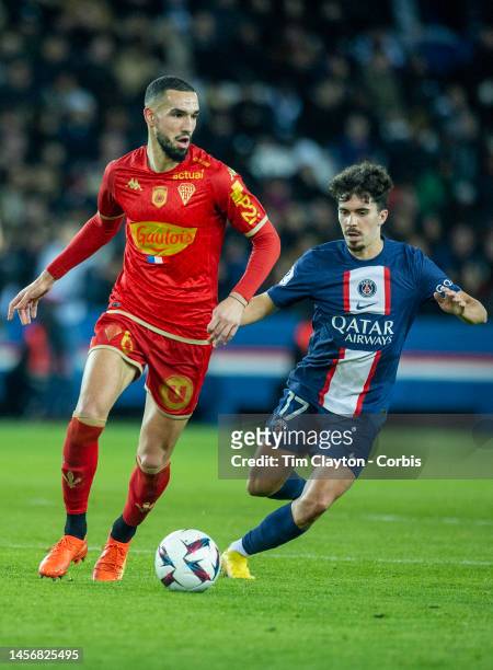 January 11: Nabil Bentaleb of Angers defended by Vitinha of Paris Saint-Germain during the Paris Saint-Germain V Angers, French Ligue 1 regular...