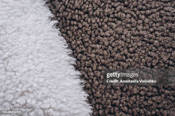 fabric texture like a soft lamb's fur. brown and white or beige colour. perfect background - wool carpet stock pictures, royalty-free photos & images
