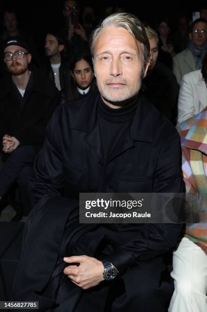 Mads Mikkelsen is seen front row at the Zegna fashion show during the Milan Menswear Fall/Winter 2023/2024 on January 16, 2023 in Milan, Italy.