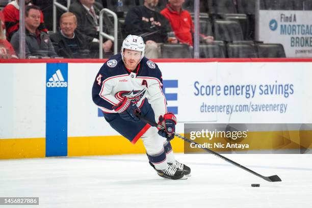 Gustav Nyquist of the Columbus Blue Jackets handles the puck against the Detroit Red Wings during the first period at Little Caesars Arena on January...