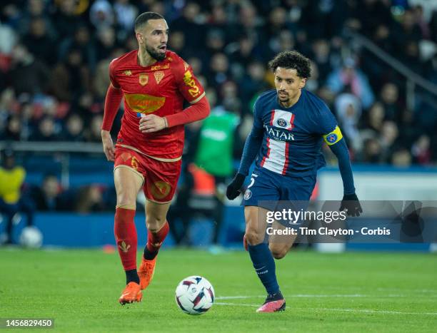 January 11: Nabil Bentaleb of Angers defended by Marquinhos of Paris Saint-Germain during the Paris Saint-Germain V Angers, French Ligue 1 regular...