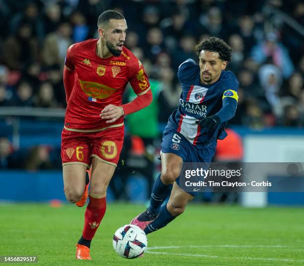 January 11: Nabil Bentaleb of Angers defended by Marquinhos of Paris Saint-Germain during the Paris Saint-Germain V Angers, French Ligue 1 regular...