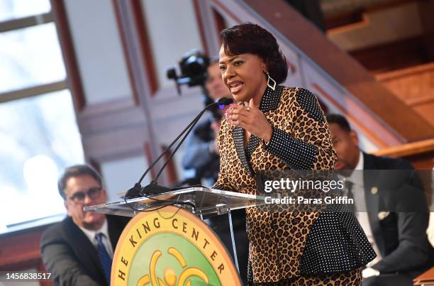 Dr. Bernice A. King, daughter of Dr. Martin Luther King, Jr., speaks onstage during the 2023 Martin Luther King, Jr. Beloved Community Commemorative...