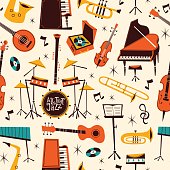 Jazz live music seamless pattern. Repeated musical instruments, comic shapes, drums, piano, trombone and saxophone, Decor textile, wrapping paper, wallpaper. Tidy vector background