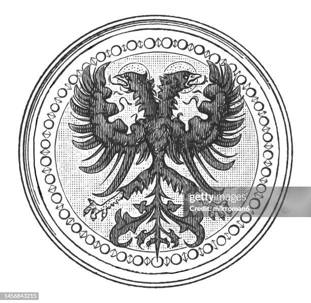 old engraved illustration of decorative coat of arms - eagle with two heads - crest logo stock pictures, royalty-free photos & images