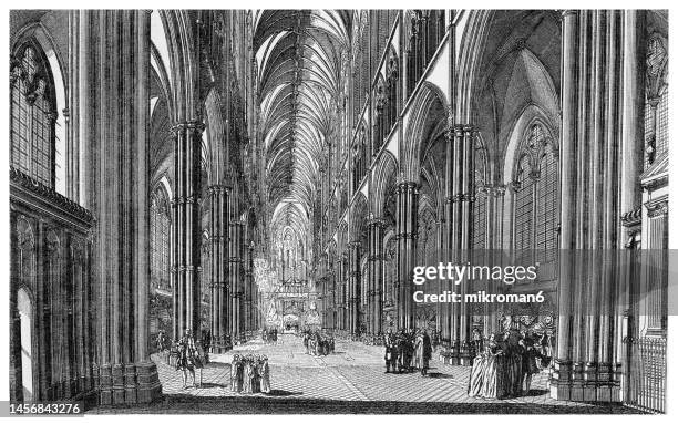 old engraved illustration of interior of westminster abbey, london, england - westminster abbey stock pictures, royalty-free photos & images