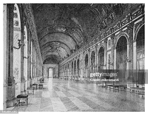 old engraved illustration of hall of mirrors, grand baroque style gallery and one of the most emblematic rooms in the royal palace of versailles near paris, france - yvelines stock pictures, royalty-free photos & images