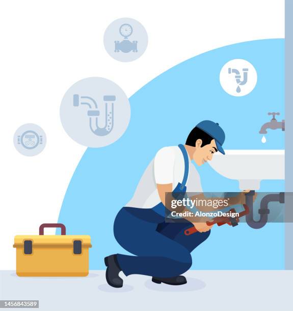 professioneller klempner bei der arbeit. - wasserrohr stock-grafiken, -clipart, -cartoons und -symbole
