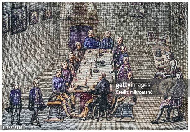 old engraved illustration of  king frederick william i (14 august 1688 – 31 may 1740) and his court, evening meeting - french royalty stock pictures, royalty-free photos & images