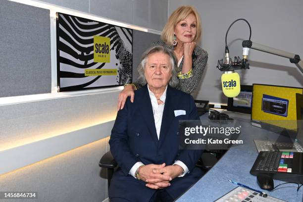 Joanna Lumley and Stephen Barlow pose for a photograph during their appearance at Bauer Media at One Golden Square on January 16, 2023 in London,...