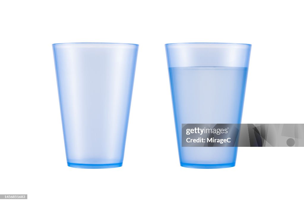 Empty Blue Plastic Cup and Full Plastic Cup of Water Isolated on White