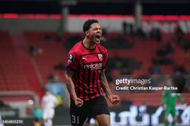 Justin Butler of FC Ingolstadt celebrates after scoring his team`s first goal during the 3. Liga match between FC Ingolstadt 04 and Erzgebirge Aue at...