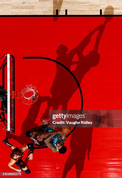 Nick Richards of the Charlotte Hornets shoots the ball during the game against the Toronto Raptors on January 12, 2023 at the Scotiabank Arena in...