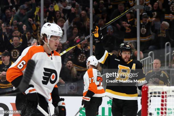 David Pastrnak of the Boston Bruins celebrates after scoring a goal against the Philadelphia Flyers during the first period at TD Garden on January...
