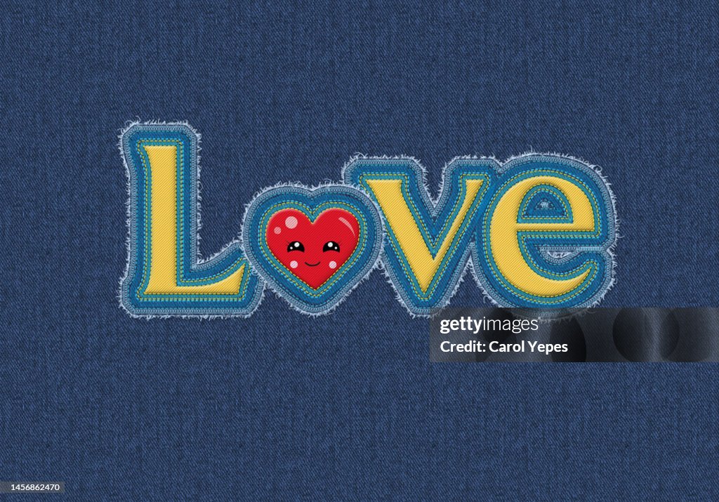 Love word sewing in denim fabric