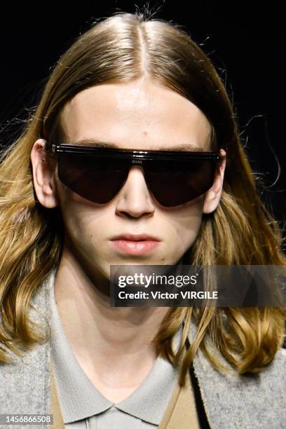 Model walks the runway during the Zegna Ready to Wear Fall/Winter 2023-2024 fashion show as part of the Milan Men Fashion Week on January 16, 2022 in...