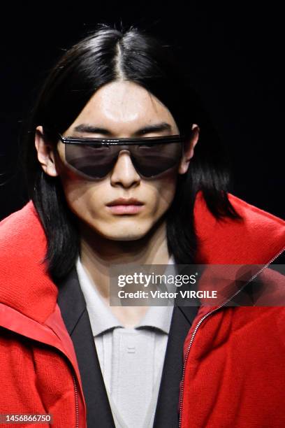 Model walks the runway during the Zegna Ready to Wear Fall/Winter 2023-2024 fashion show as part of the Milan Men Fashion Week on January 16, 2022 in...