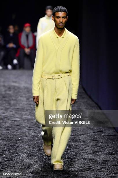 Model walks the runway during the Zegna Ready to Wear Fall/Winter 2023-2024 fashion show as part of the Milan Men Fashion Week on January 16, 2022 in...
