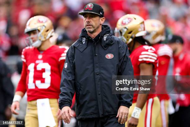 Head coach Kyle Shanahan of the San Francisco 49ers looks on prior to a game against the Seattle Seahawks in the NFC Wild Card playoff game at Levi's...