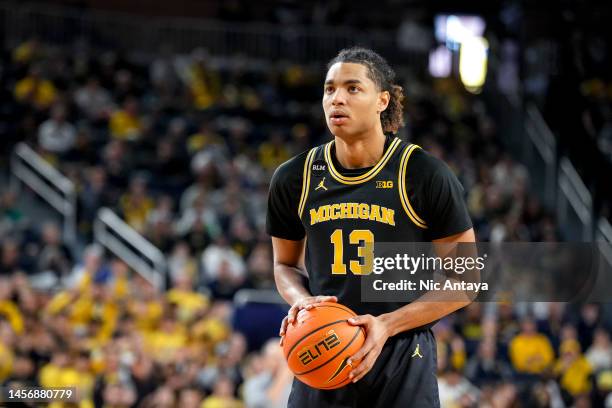 Jett Howard of the Michigan Wolverines shoots a free throw against the Northwestern Wildcats at Crisler Arena on January 15, 2023 in Ann Arbor,...